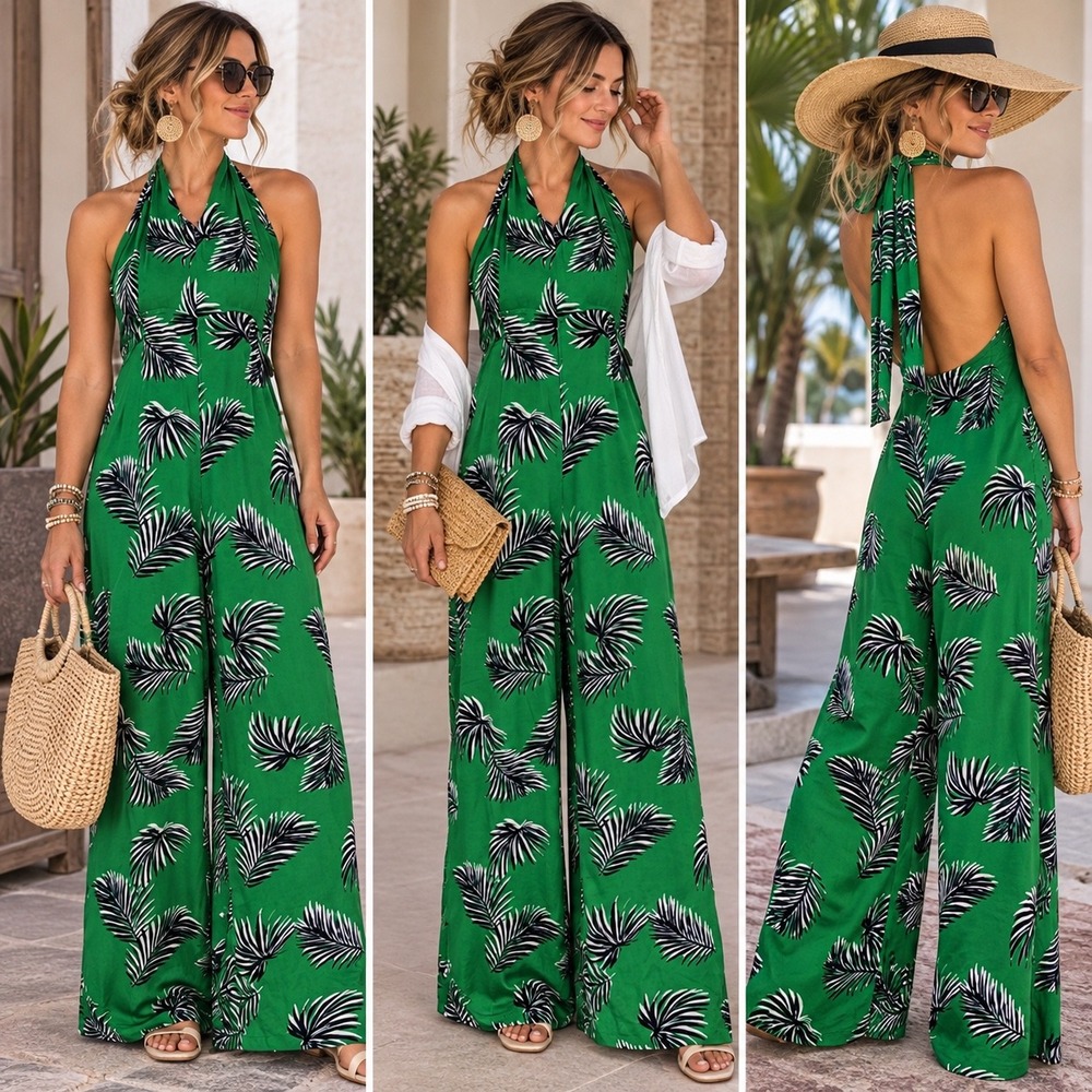 Forever 21 Green Tropical Palm Leaf Jumpsuit Wide Leg Resort Vacation Botanical